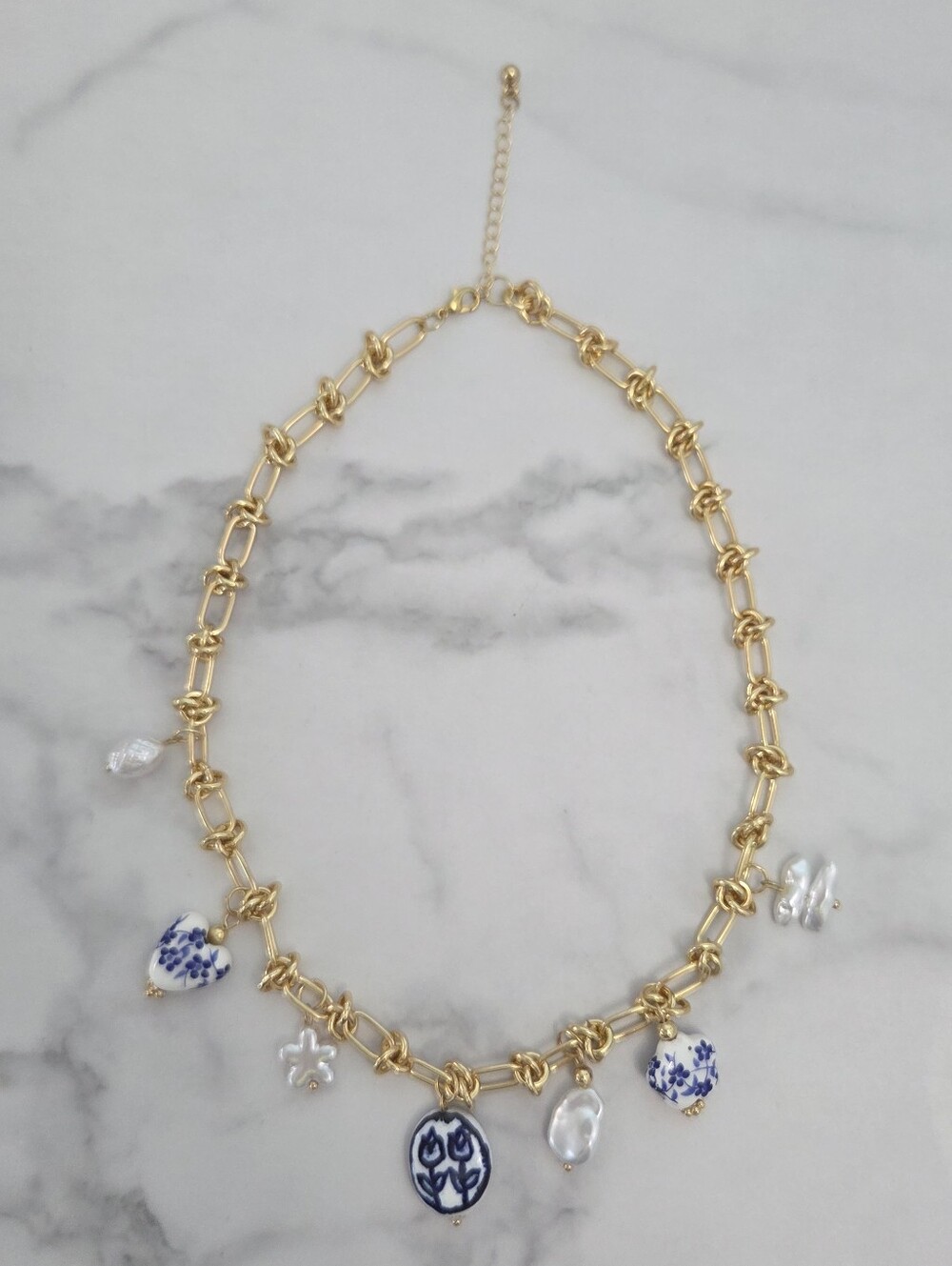 Gold Blue White Porcelain Floral Charm Necklace Pearl Accents